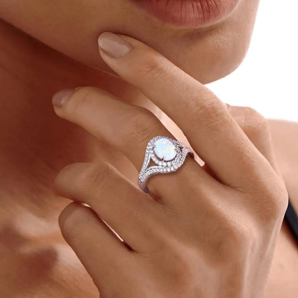 Womens Engagement Ring 925 Sterling Silver Oval Elongated Cushion Cut Sapphire/Ruby/Emerald/Opal Gemstone Anniversary Statement Cocktail Halo Ring Size 6 to 10 (with Gift Box)