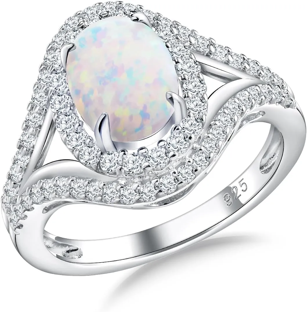 Womens Engagement Ring 925 Sterling Silver Oval Elongated Cushion Cut Sapphire/Ruby/Emerald/Opal Gemstone Anniversary Statement Cocktail Halo Ring Size 6 to 10 (with Gift Box)