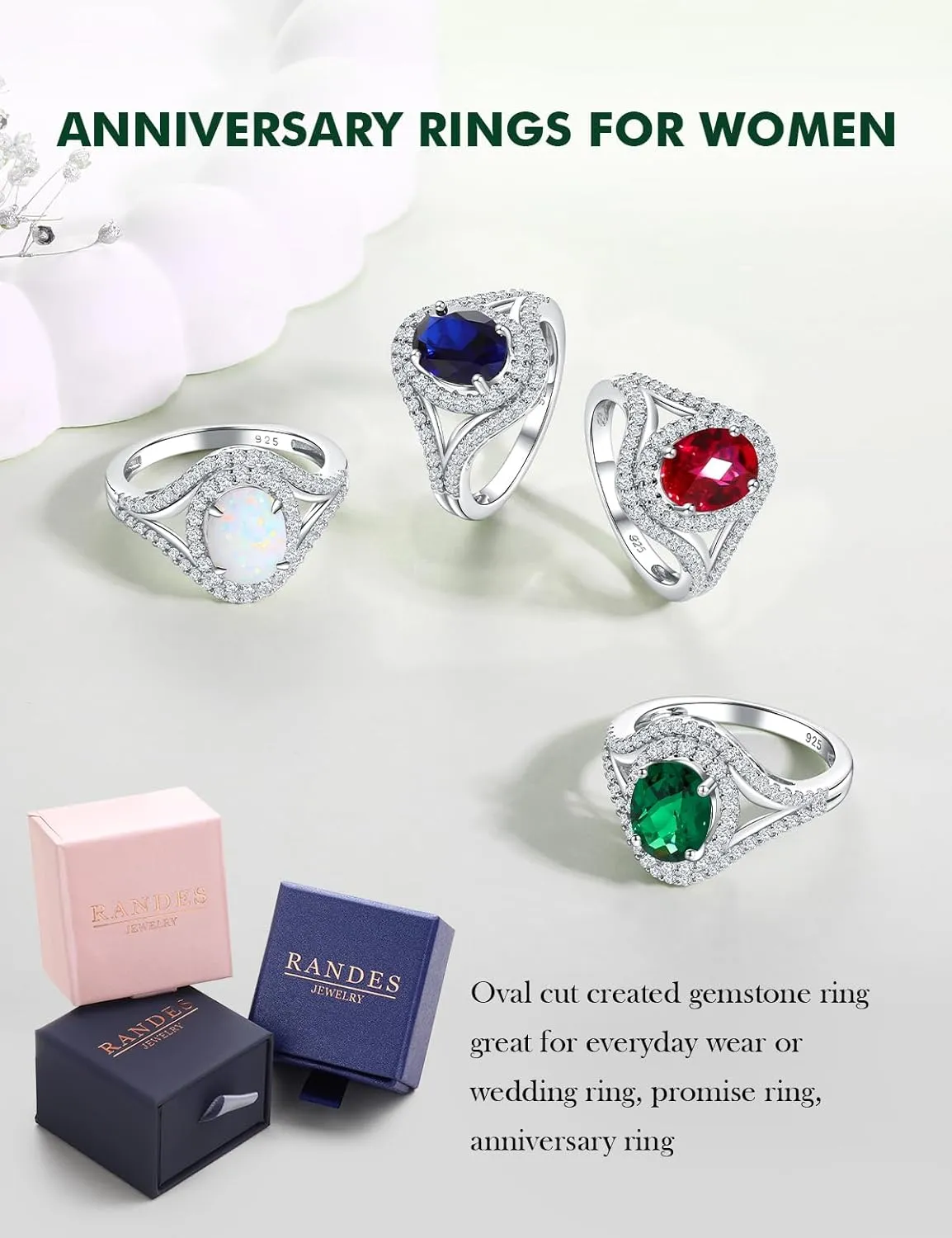 Womens Engagement Ring 925 Sterling Silver Oval Elongated Cushion Cut Sapphire/Ruby/Emerald/Opal Gemstone Anniversary Statement Cocktail Halo Ring Size 6 to 10 (with Gift Box)