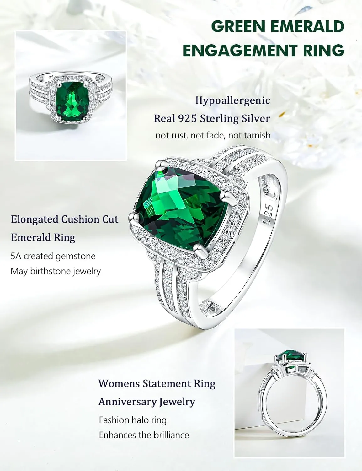 Womens Engagement Ring 925 Sterling Silver Oval Elongated Cushion Cut Sapphire/Ruby/Emerald/Opal Gemstone Anniversary Statement Cocktail Halo Ring Size 6 to 10 (with Gift Box)