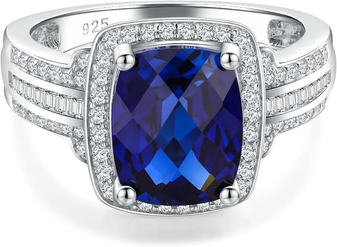 Womens Engagement Ring 925 Sterling Silver Oval Elongated Cushion Cut Sapphire/Ruby/Emerald/Opal Gemstone Anniversary Statement Cocktail Halo Ring Size 6 to 10 (with Gift Box)