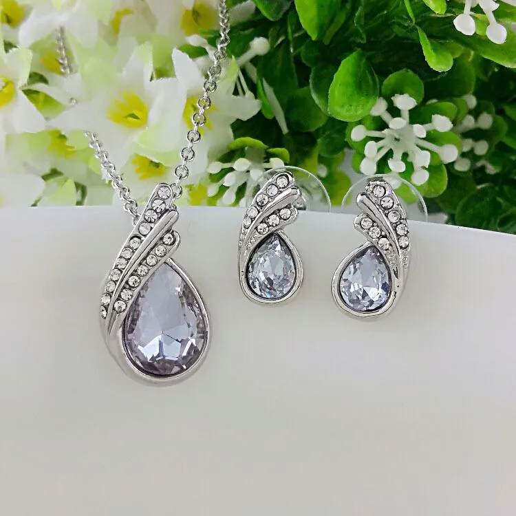 Women's Exquisite Water Drops Austria Crystal 925 Sterling Silver Necklace and Earrings Jewelry Set