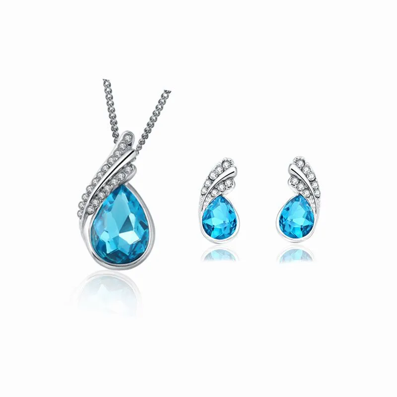Women's Exquisite Water Drops Austria Crystal 925 Sterling Silver Necklace and Earrings Jewelry Set
