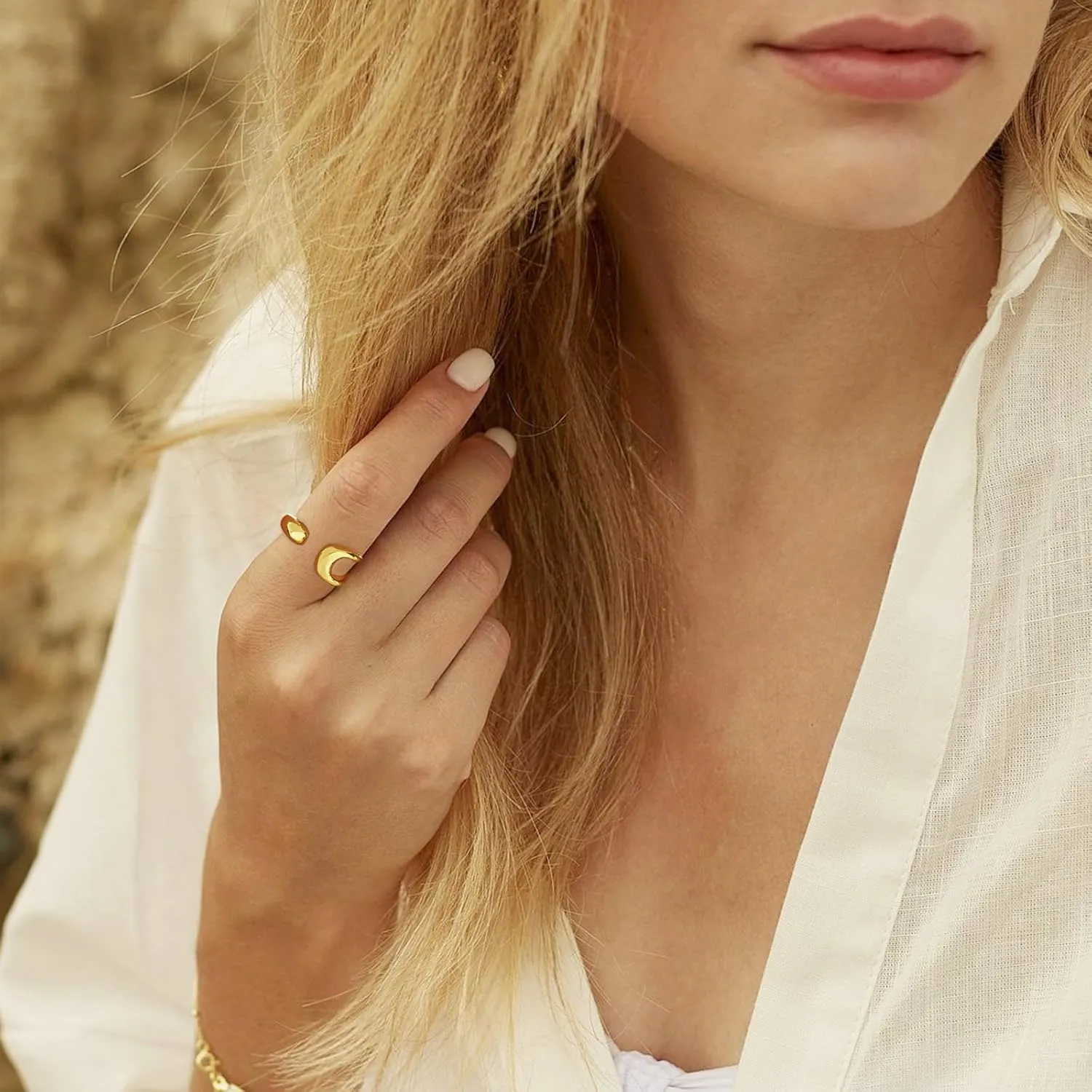 WOWORAMA Gold Open Band Rings for Women Chunky Gold Stackable Ring Dome Teardrop Heart Rings Trendy Gold Statement Ring Adjustable Open Band Rings