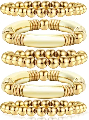 yadiana 5 Pcs Gold Bracelets for Women, Gold Plated Elastic Beaded Bracelets Jewelry Fashion Accessories for Trendy Gift