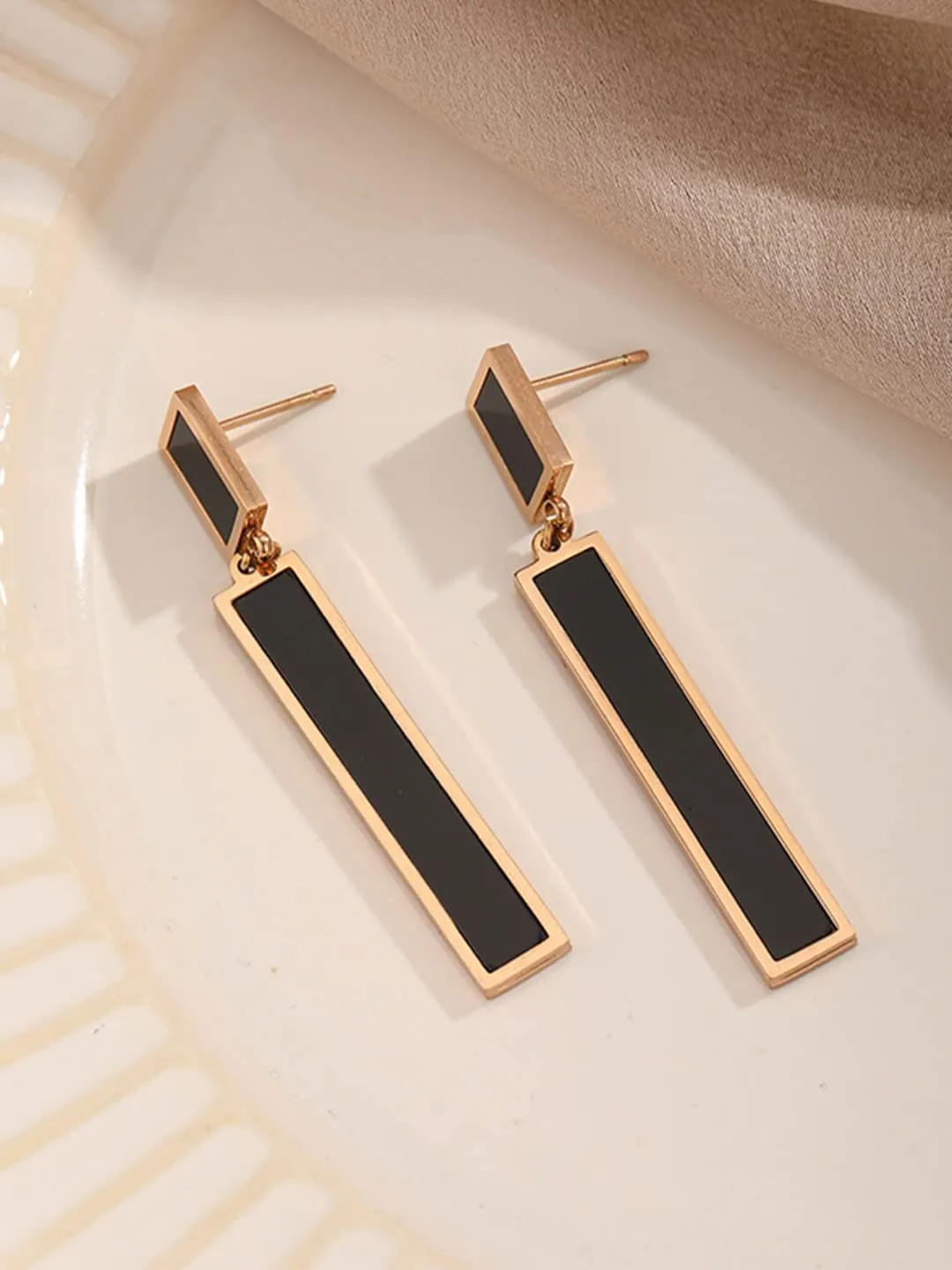 Yellow Chimes Long Earrings for Women Western Rose Gold Plated Stainless Steel Black Square Drop Danglers Earrings For Women and Girls
